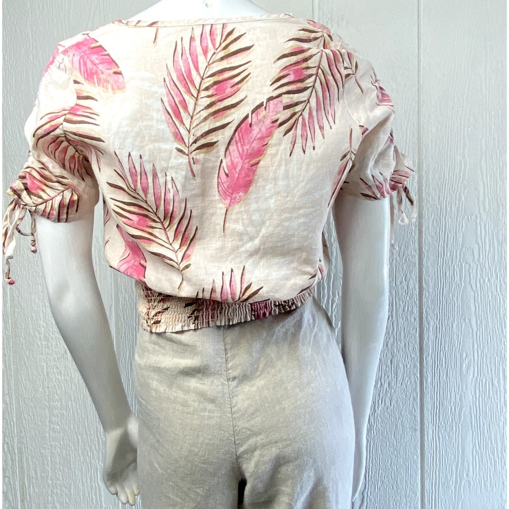 Tropical Print Women Crop Top Small Tie Sleeves Smocked Waist Barbie Vaca Resort - Picture 5 of 10